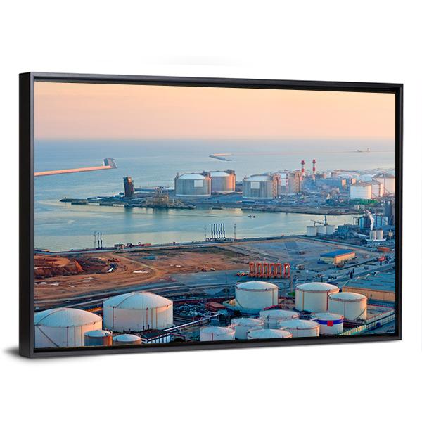 LNG Tanks At Port Of Barcelona Canvas Wall Art-3 Horizontal-Gallery Wrap-25" x 16"-Tiaracle