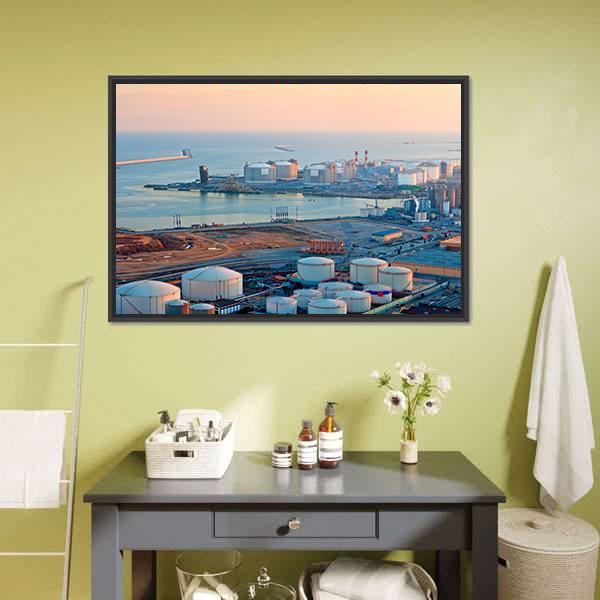 LNG Tanks At Port Of Barcelona Canvas Wall Art-1 Piece-Floating Frame-24" x 16"-Tiaracle