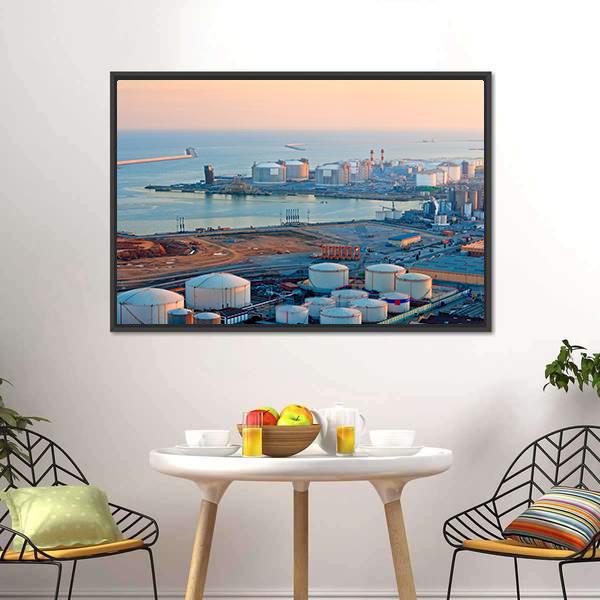 LNG Tanks At Port Of Barcelona Canvas Wall Art-3 Horizontal-Gallery Wrap-25" x 16"-Tiaracle