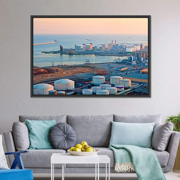 LNG Tanks At Port Of Barcelona Canvas Wall Art-3 Horizontal-Gallery Wrap-25" x 16"-Tiaracle