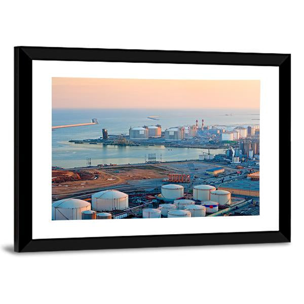 LNG Tanks At Port Of Barcelona Canvas Wall Art-3 Horizontal-Gallery Wrap-25" x 16"-Tiaracle