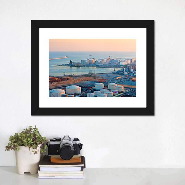 LNG Tanks At Port Of Barcelona Canvas Wall Art-1 Piece-Framed Print-20" x 16"-Tiaracle