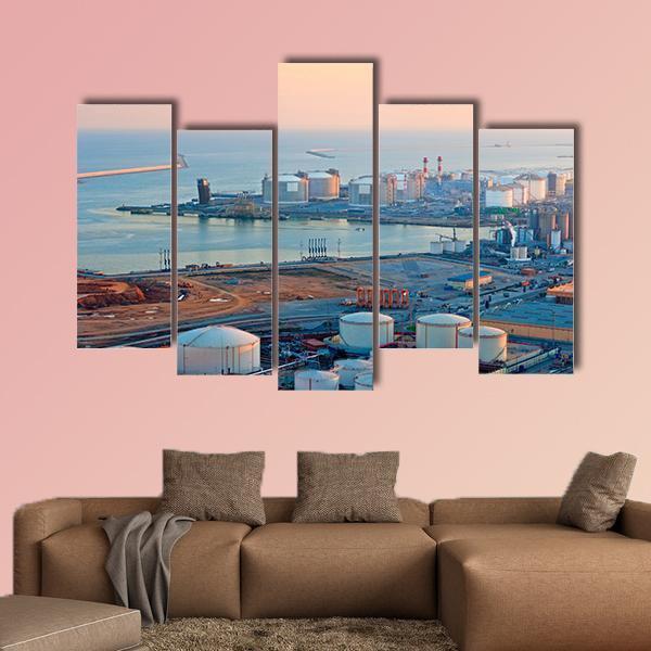 LNG Tanks At Port Of Barcelona Canvas Wall Art-5 Pop-Gallery Wrap-47" x 32"-Tiaracle