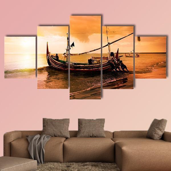 Local Boat On Beach Canvas Wall Art-5 Star-Gallery Wrap-62" x 32"-Tiaracle