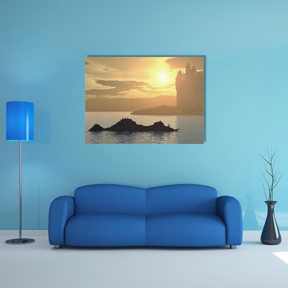 Loch Ness Monster and Castle at Sunset Canvas Wall Art in gray, orange and yellow, single panel hung on a wall