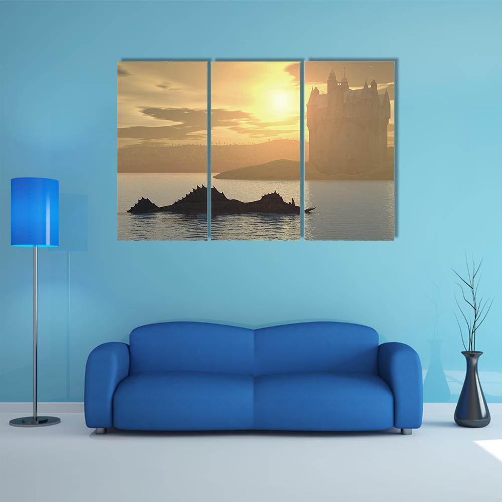 Loch Ness Monster & Castle Canvas Wall Art-3 Horizontal-Gallery Wrap-37" x 24"-Tiaracle