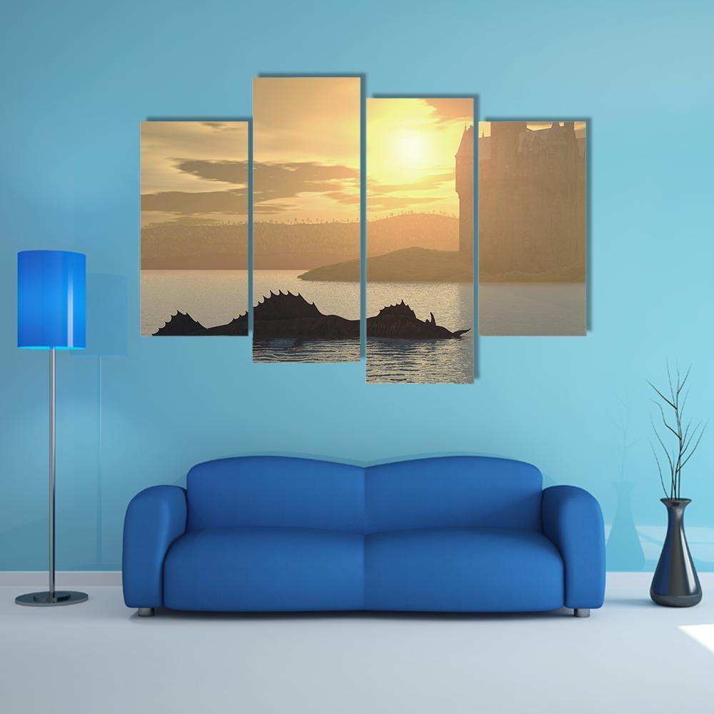 Loch Ness Monster &amp; Castle Canvas Wall Art-4 Pop-Gallery Wrap-50" x 32"-Tiaracle