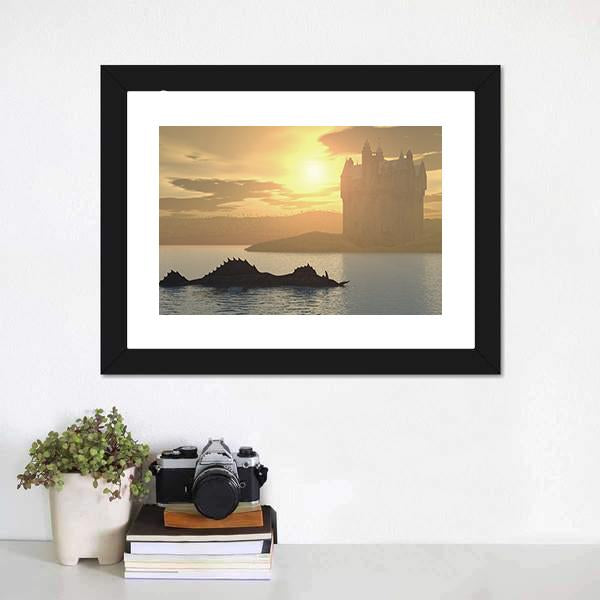 Loch Ness Monster & Castle Canvas Wall Art-1 Piece-Framed Print-20" x 16"-Tiaracle