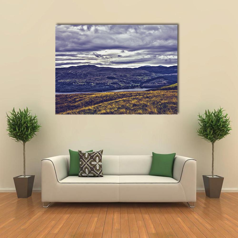 Loch Tay Lake with Stormy Sky Canvas Wall Art in gray, yellow and blue, single panel hung on a wall