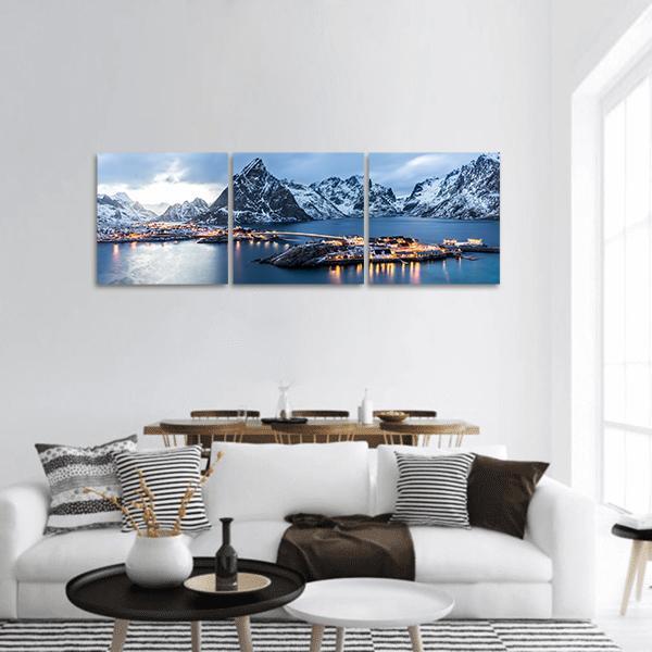 Norway at Blue Hour Panoramic Canvas Wall Art in white, blue and navy, hung on a wall