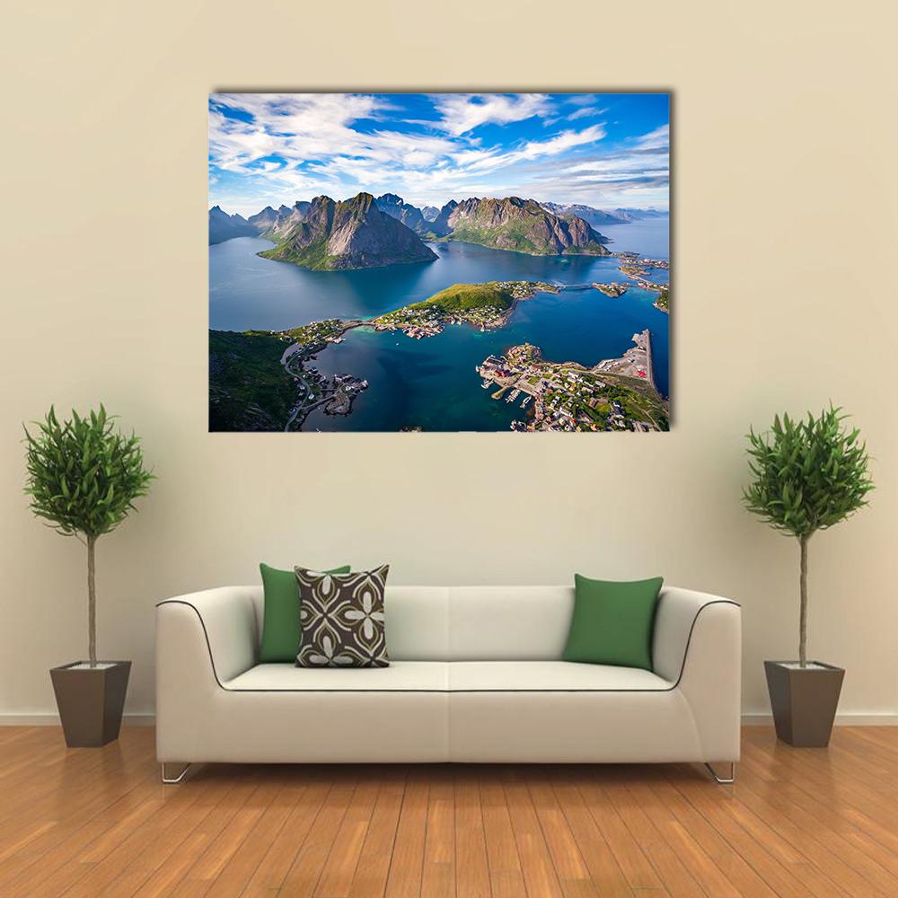 Lofoten Island, Norway Canvas Wall Art in white, green and blue, single panel hung on a wall