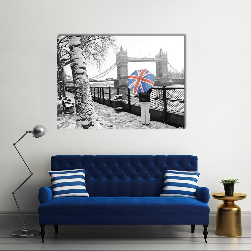 Snowy Day at Tower Bridge Canvas Wall Art in black, white and gray, single panel hung on a wall
