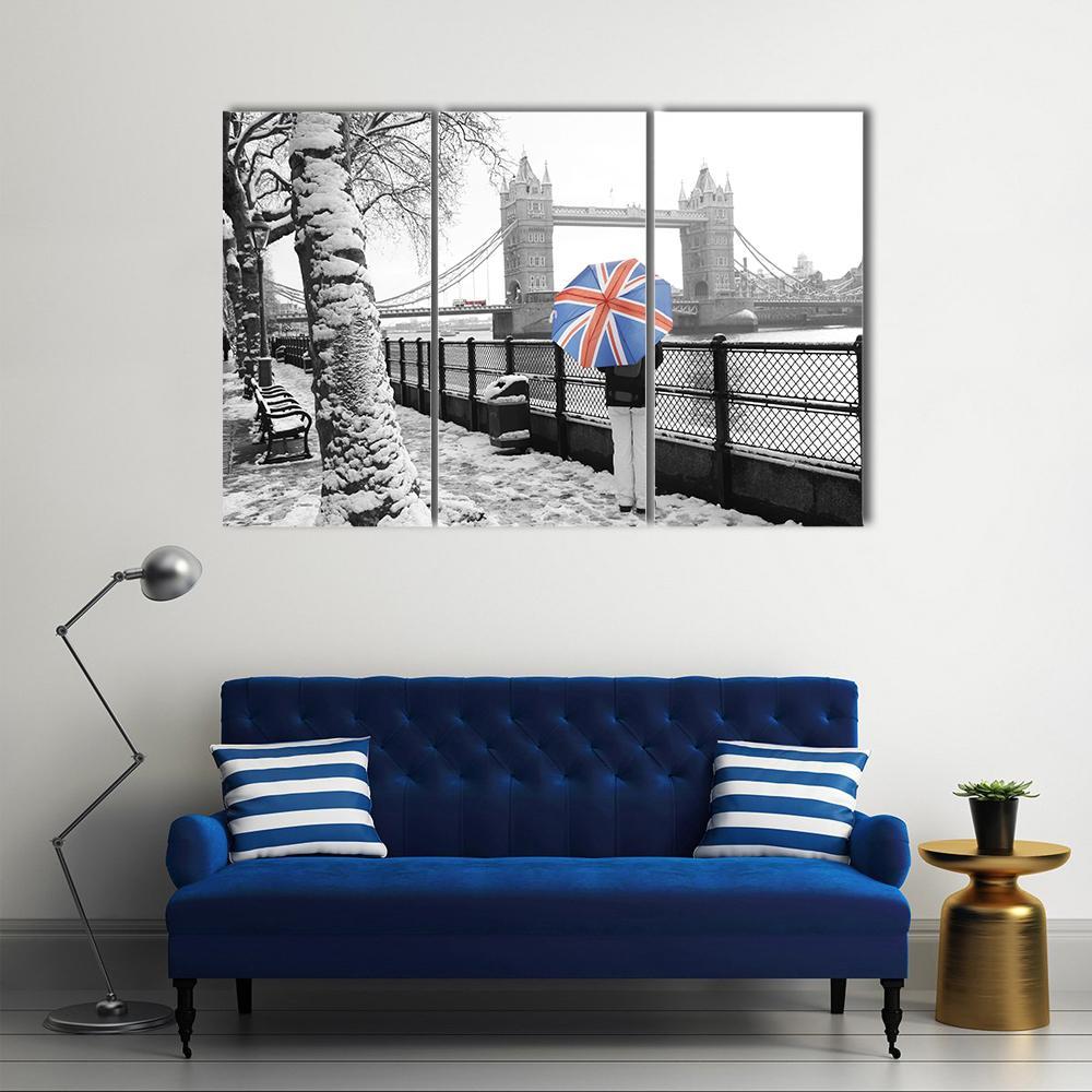 Tower Bridge On Snowy Day Canvas Wall Art-3 Horizontal-Gallery Wrap-37" x 24"-Tiaracle