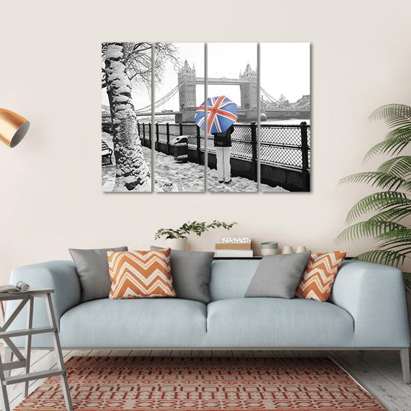 Tower Bridge On Snowy Day Canvas Wall Art-4 Horizontal-Gallery Wrap-34" x 24"-Tiaracle