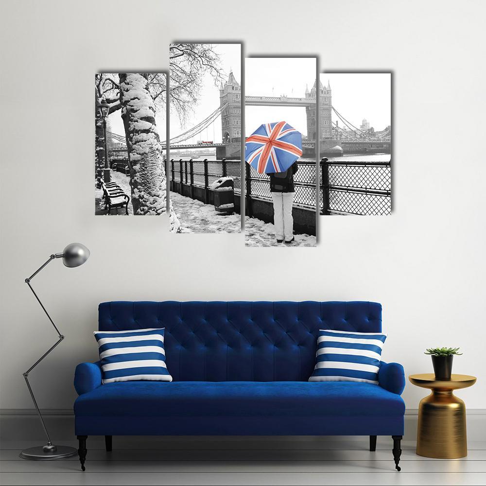 Tower Bridge On Snowy Day Canvas Wall Art-4 Pop-Gallery Wrap-50" x 32"-Tiaracle