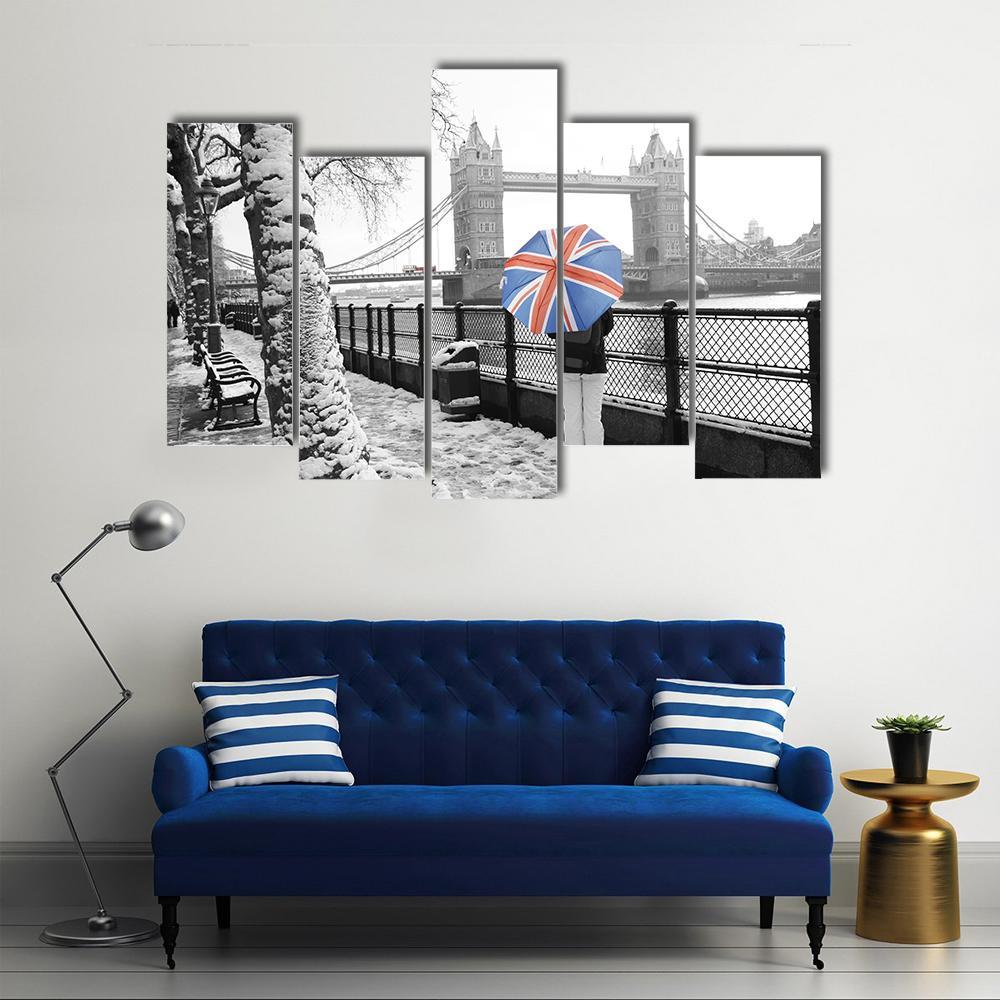 Tower Bridge On Snowy Day Canvas Wall Art-5 Pop-Gallery Wrap-47" x 32"-Tiaracle