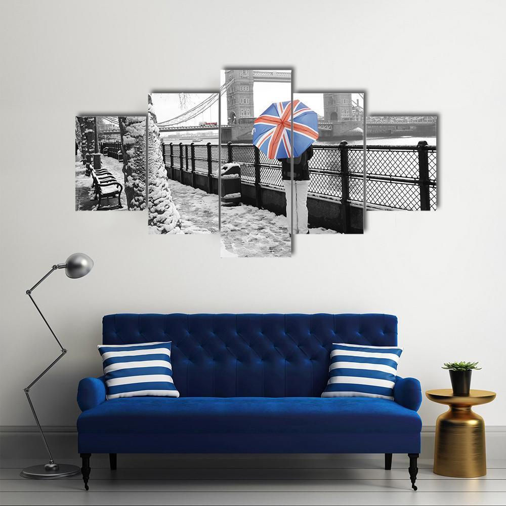 Tower Bridge On Snowy Day Canvas Wall Art-5 Star-Gallery Wrap-62" x 32"-Tiaracle