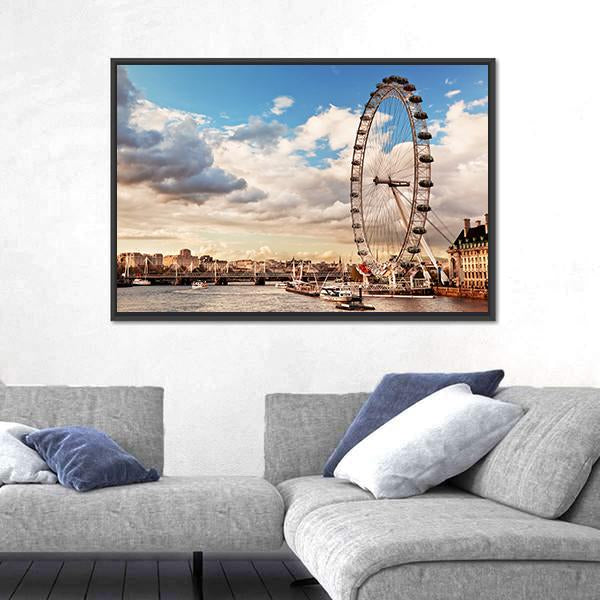 London Eye In Evening Canvas Wall Art-1 Piece-Floating Frame-24" x 16"-Tiaracle