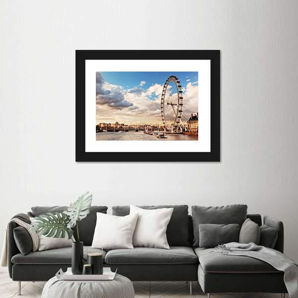 London Eye In Evening Canvas Wall Art-1 Piece-Framed Print-20" x 16"-Tiaracle