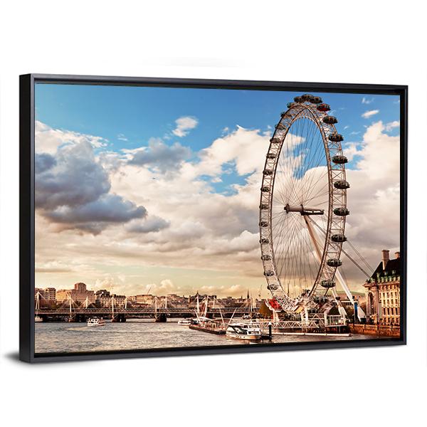 London Eye In Evening Canvas Wall Art-5 Horizontal-Gallery Wrap-22" x 12"-Tiaracle