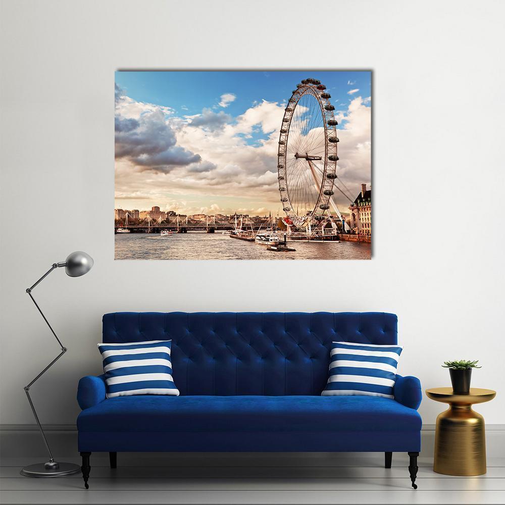 London Eye in the Evening Canvas Wall Art in white, beige and blue, single panel hung on a wall