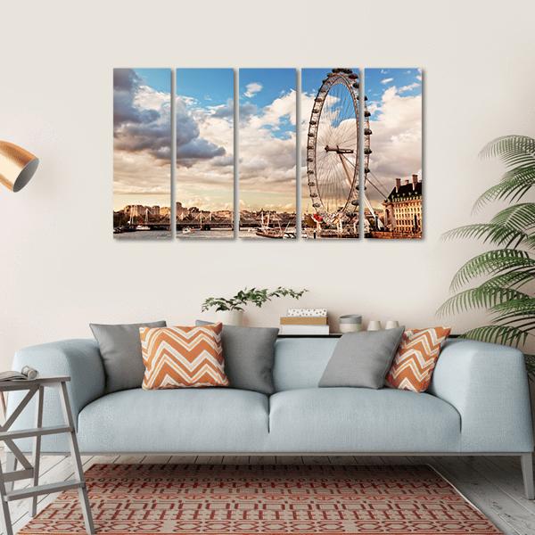 London Eye In Evening Canvas Wall Art-5 Horizontal-Gallery Wrap-22" x 12"-Tiaracle