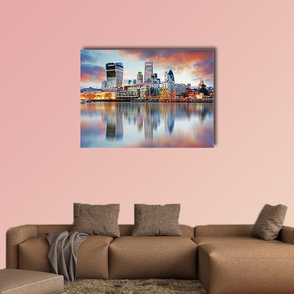 London Skyline at Sunset Canvas Wall Art in orange, blue and pink, single panel hung on a wall