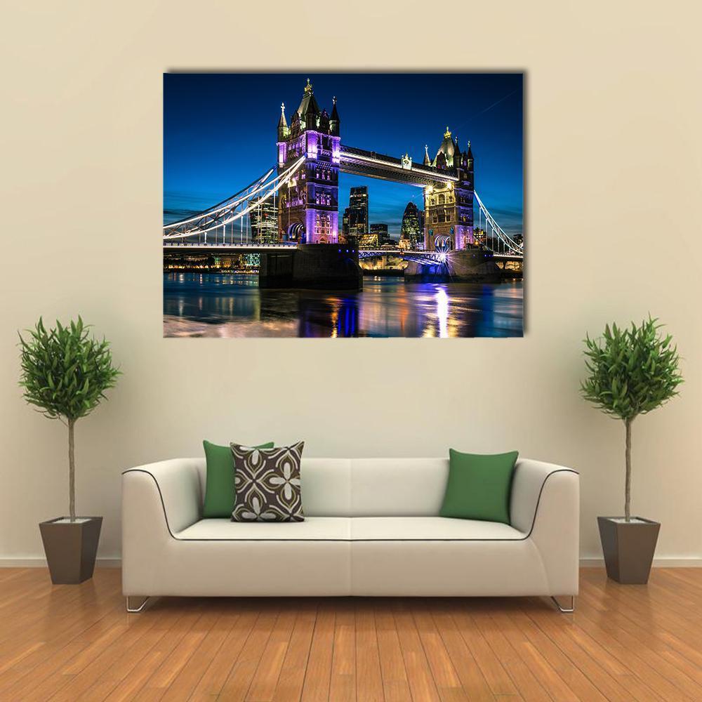 Tower Bridge At Night Canvas Wall Art-1 Piece-Gallery Wrap-48" x 32"-Tiaracle
