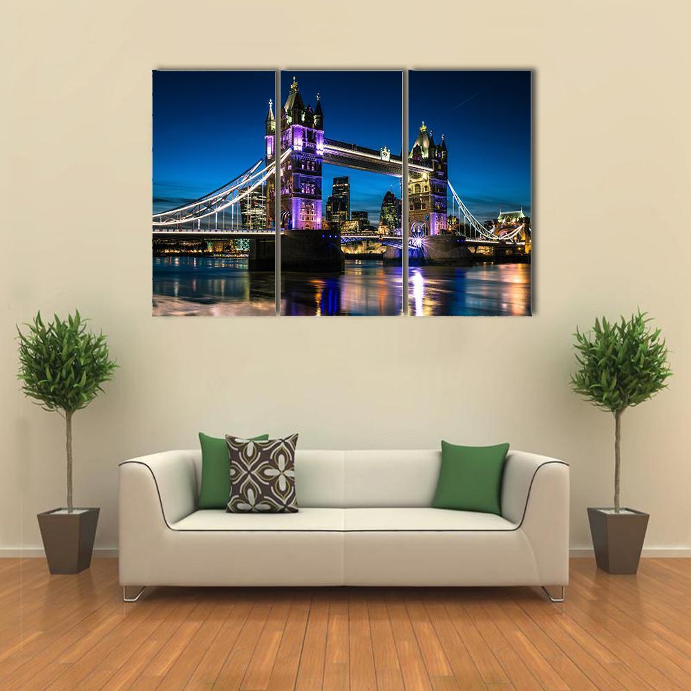 Tower Bridge At Night Canvas Wall Art-3 Horizontal-Gallery Wrap-37" x 24"-Tiaracle