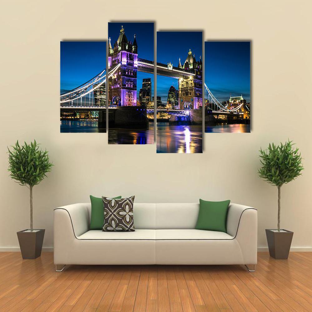 Tower Bridge At Night Canvas Wall Art-4 Pop-Gallery Wrap-50" x 32"-Tiaracle