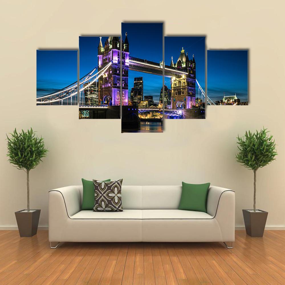 Tower Bridge At Night Canvas Wall Art-5 Star-Gallery Wrap-62" x 32"-Tiaracle