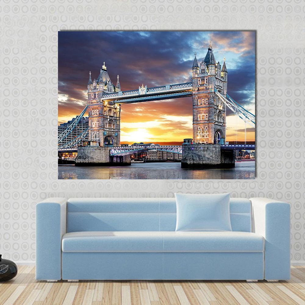 Tower Bridge Sunset Canvas Wall Art in orange, yellow and blue, single panel hung on a wall