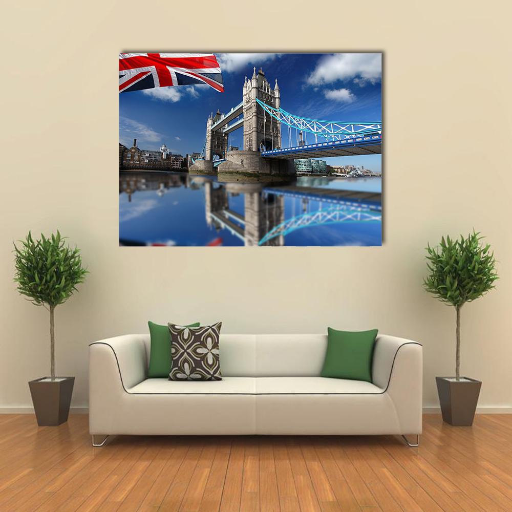 Tower Bridge London Canvas Wall Art in white, gray and blue, single panel hung on a wall