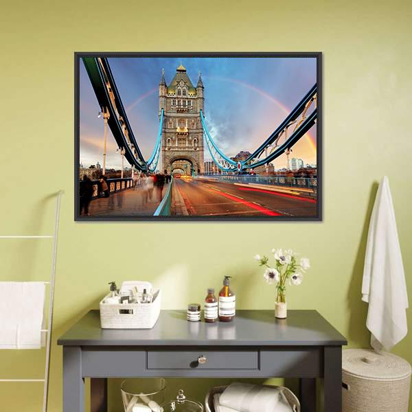 London Tower Bridge at Dusk Canvas Wall Art in brown, orange and blue, framed canvas, product view on a white background