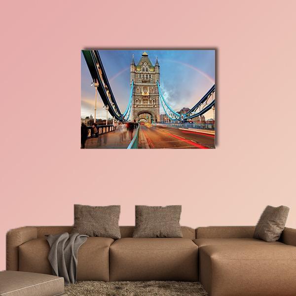 London Tower Bridge at Dusk Canvas Wall Art in brown, orange and blue, single panel hung on a wall