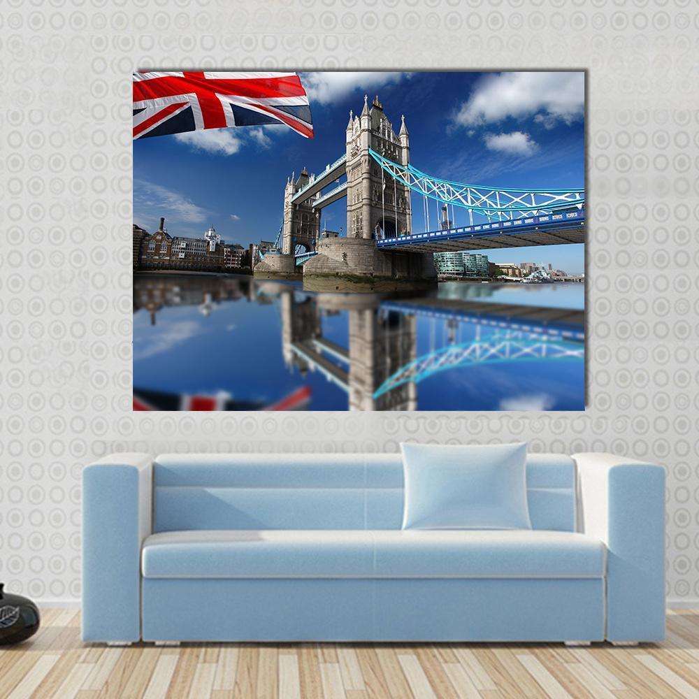 Tower Bridge With England Flag Canvas Wall Art-1 Piece-Gallery Wrap-48" x 32"-Tiaracle