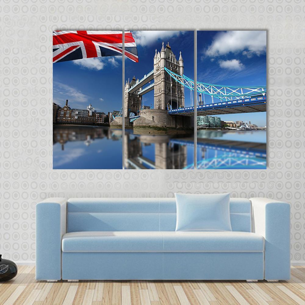 Tower Bridge With England Flag Canvas Wall Art-3 Horizontal-Gallery Wrap-37" x 24"-Tiaracle