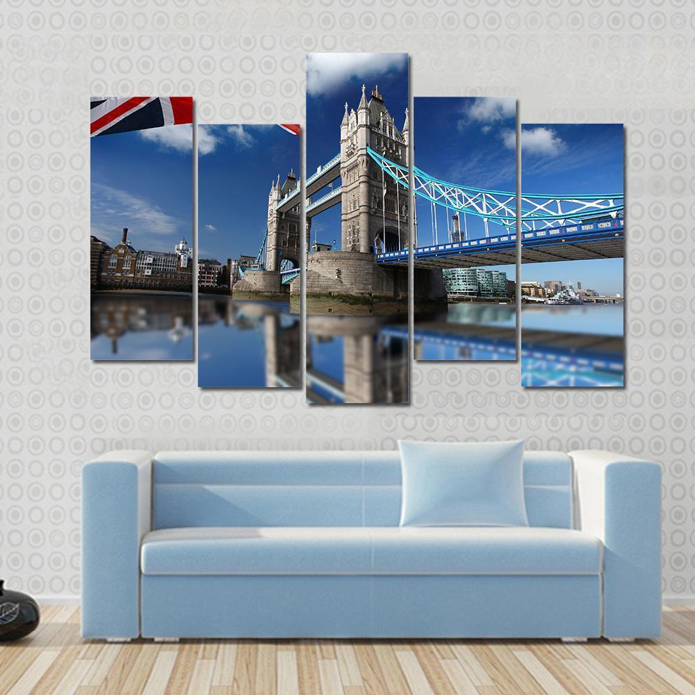 Tower Bridge With England Flag Canvas Wall Art-5 Pop-Gallery Wrap-47" x 32"-Tiaracle