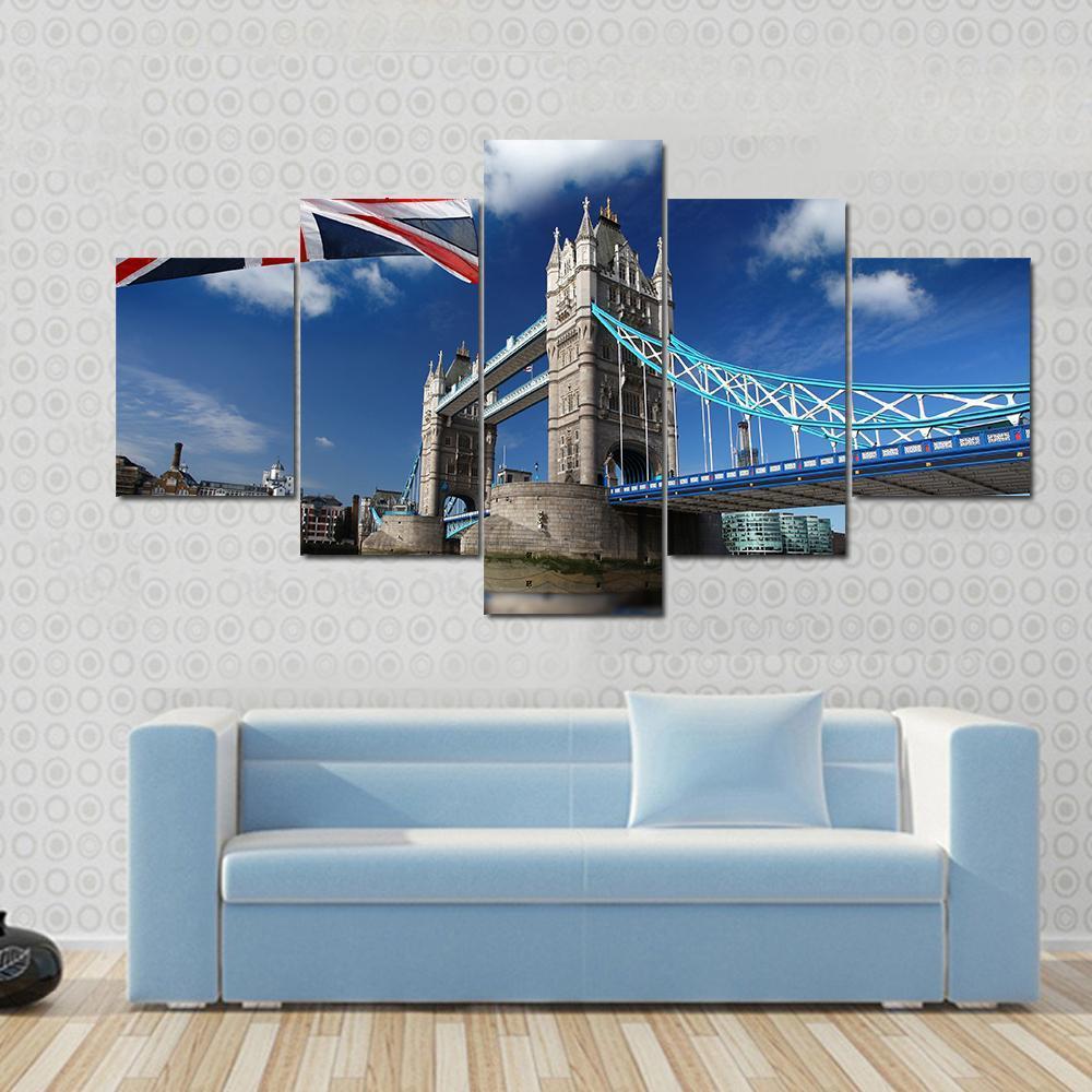 Tower Bridge With England Flag Canvas Wall Art-5 Star-Gallery Wrap-62" x 32"-Tiaracle