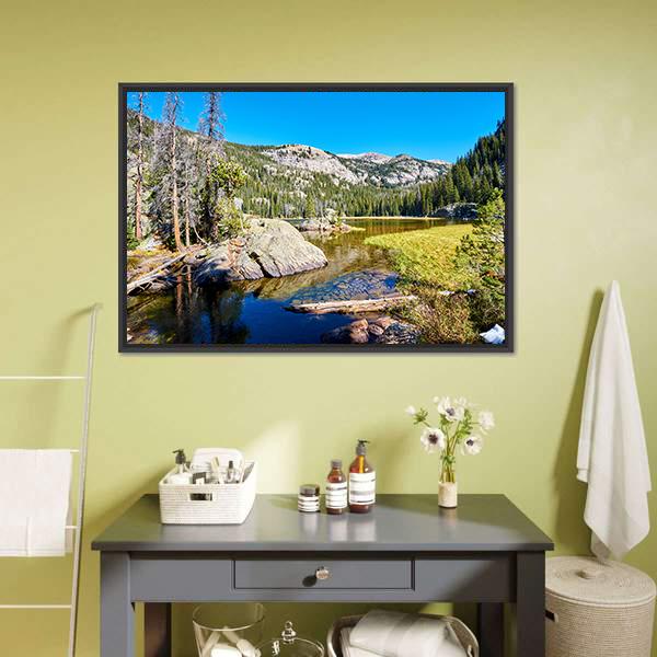 Lone Pine Lake With Rocks Canvas Wall Art-1 Piece-Floating Frame-24" x 16"-Tiaracle