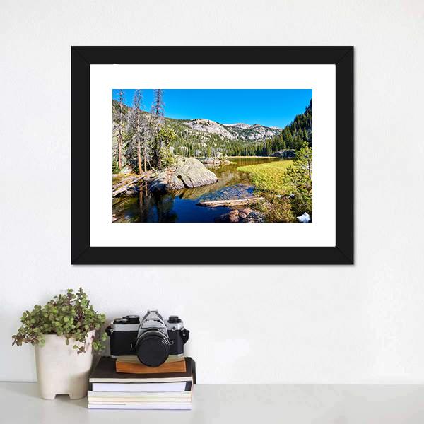 Lone Pine Lake With Rocks Canvas Wall Art-1 Piece-Framed Print-20" x 16"-Tiaracle
