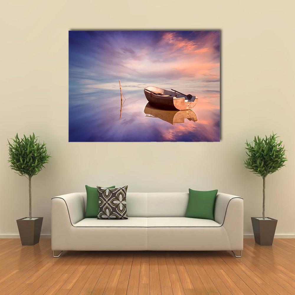 Lonely Boat With Sunset Canvas Wall Art-1 Piece-Gallery Wrap-48" x 32"-Tiaracle