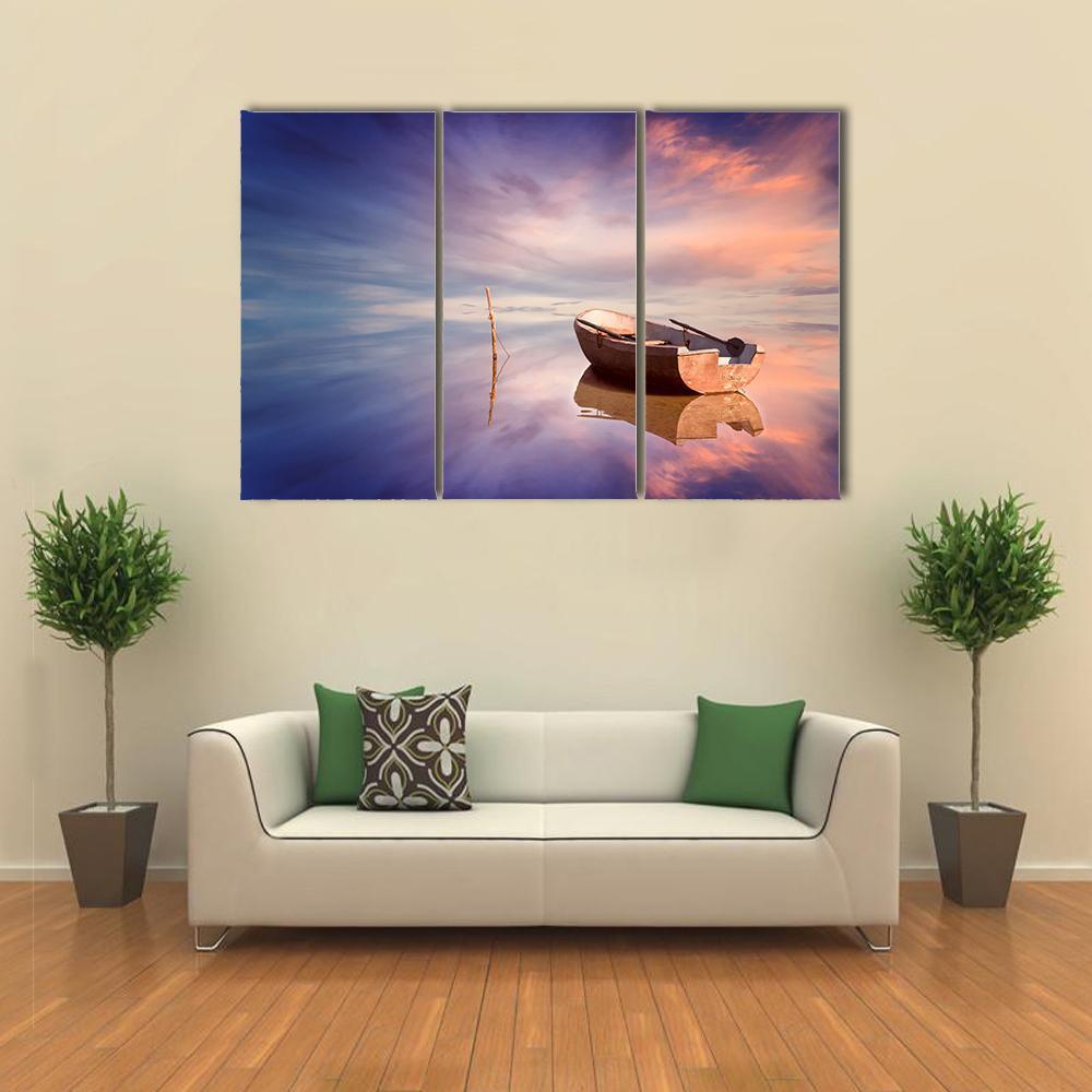 Lonely Boat With Sunset Canvas Wall Art-3 Horizontal-Gallery Wrap-37" x 24"-Tiaracle