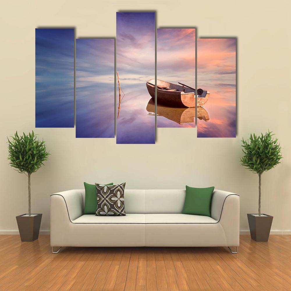 Lonely Boat With Sunset Canvas Wall Art-5 Pop-Gallery Wrap-47" x 32"-Tiaracle