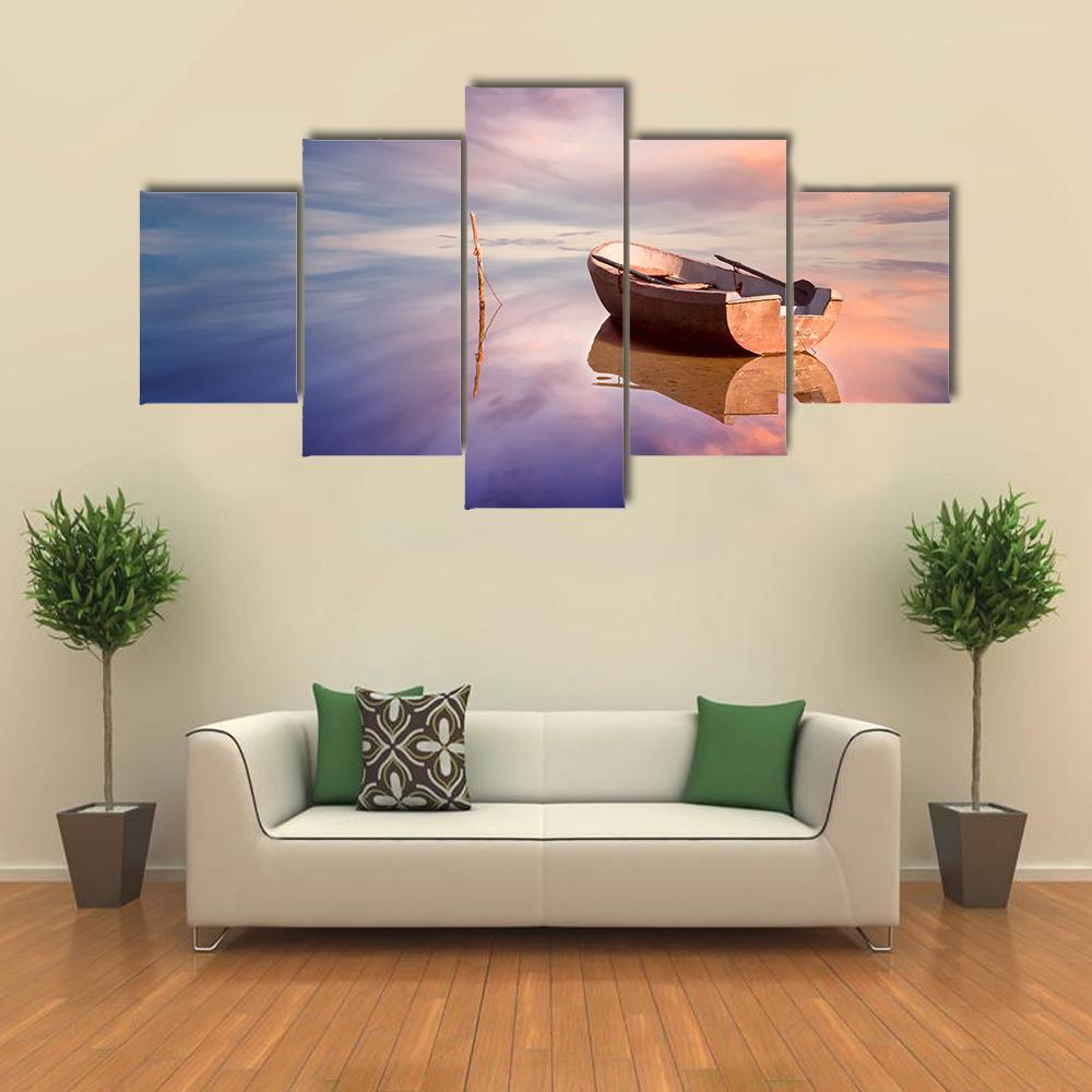 Lonely Boat With Sunset Canvas Wall Art-5 Star-Gallery Wrap-62" x 32"-Tiaracle