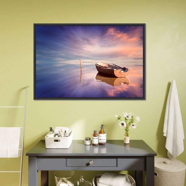 Lonely Boat With Sunset Canvas Wall Art-1 Piece-Floating Frame-24" x 16"-Tiaracle