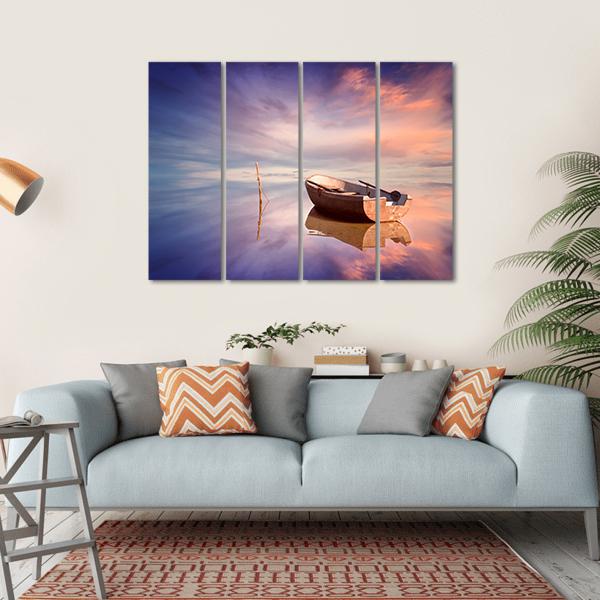 Lonely Boat With Sunset Canvas Wall Art-4 Horizontal-Gallery Wrap-34" x 24"-Tiaracle