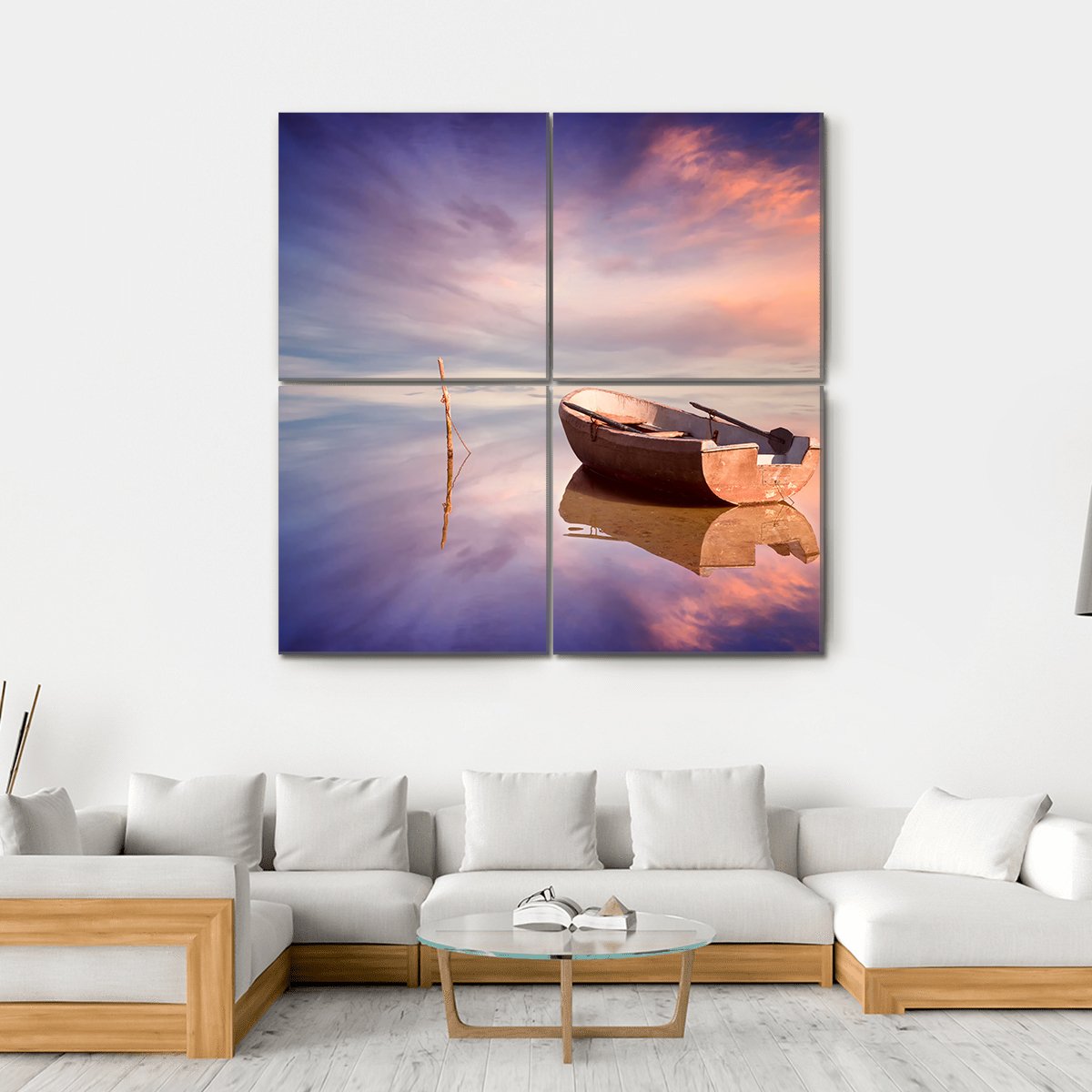 Lonely Boat With Sunset Canvas Wall Art-4 Square-Gallery Wrap-17" x 17"-Tiaracle