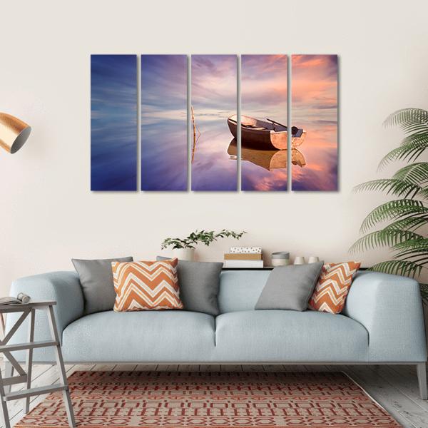 Lonely Boat With Sunset Canvas Wall Art-5 Horizontal-Gallery Wrap-22" x 12"-Tiaracle