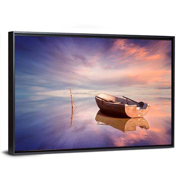 Lonely Boat With Sunset Canvas Wall Art-3 Horizontal-Gallery Wrap-25" x 16"-Tiaracle